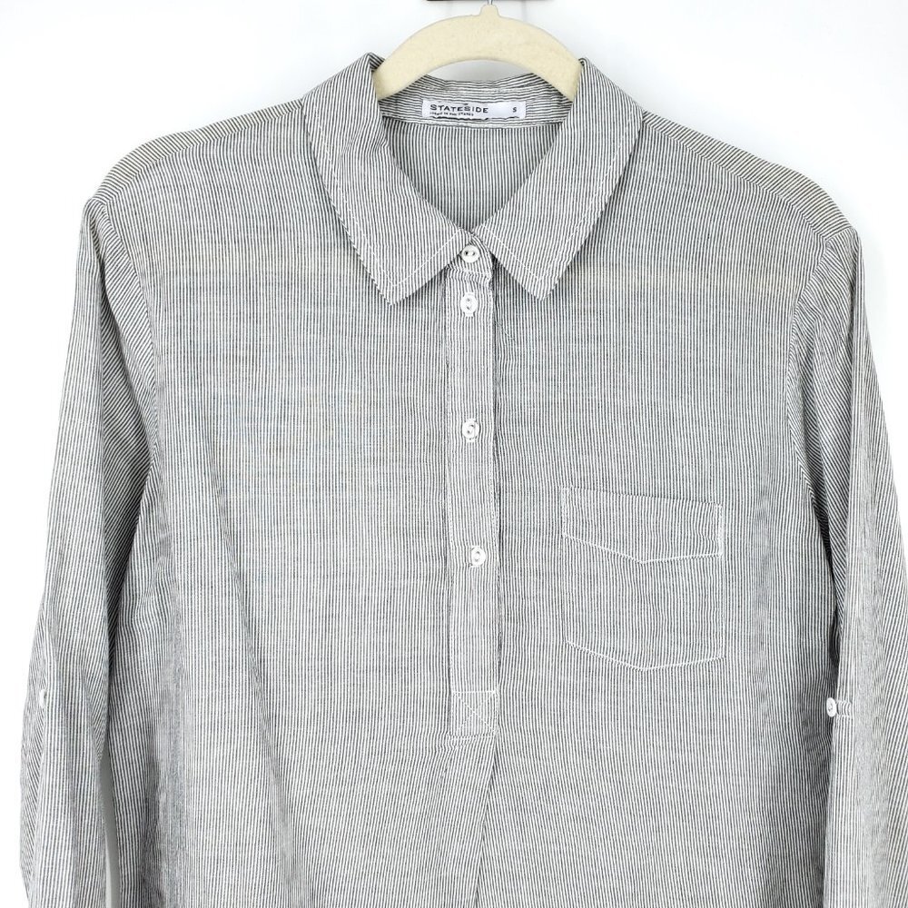 Stateside Striped Cotton Popover Shirt Dress Grey/White Small - Picture 4 of 9